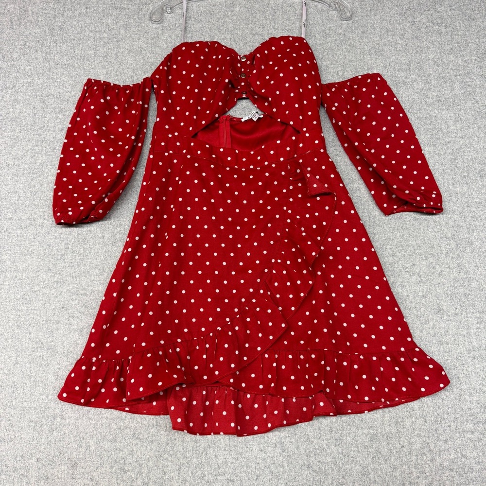 Papaya Polka Dot Mini Dress Large Red Off Shoulder Cutout Ruffle Puff Sleeve